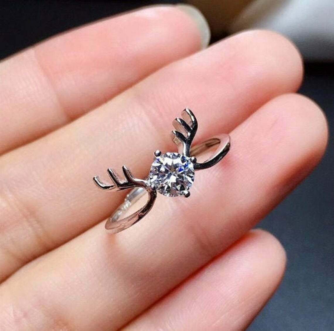 1.50 Ct Round Cut 14K White Gold Over On 925 Sterling Silver Deer Antler Solitaire Ring