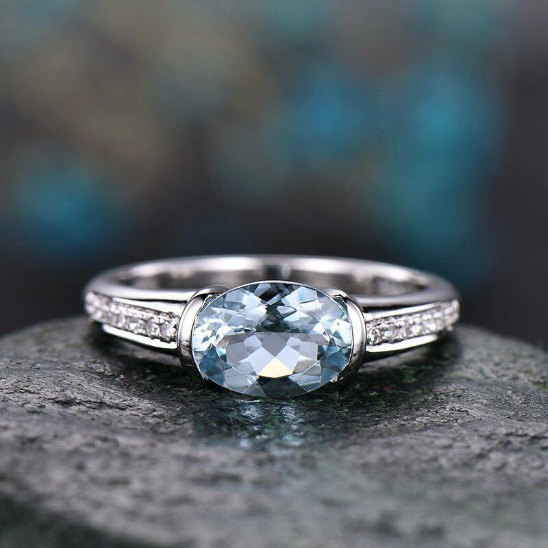 1.50 Ct Oval Cut Aquamarine 925 Sterling Silver Solitaire W/Accents Promise Ring