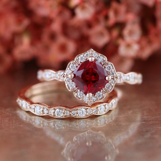 1.5 Ct Cushion Cut Red Garnet Floral Bridal Set Engagement Ring 925 Sterling Silver