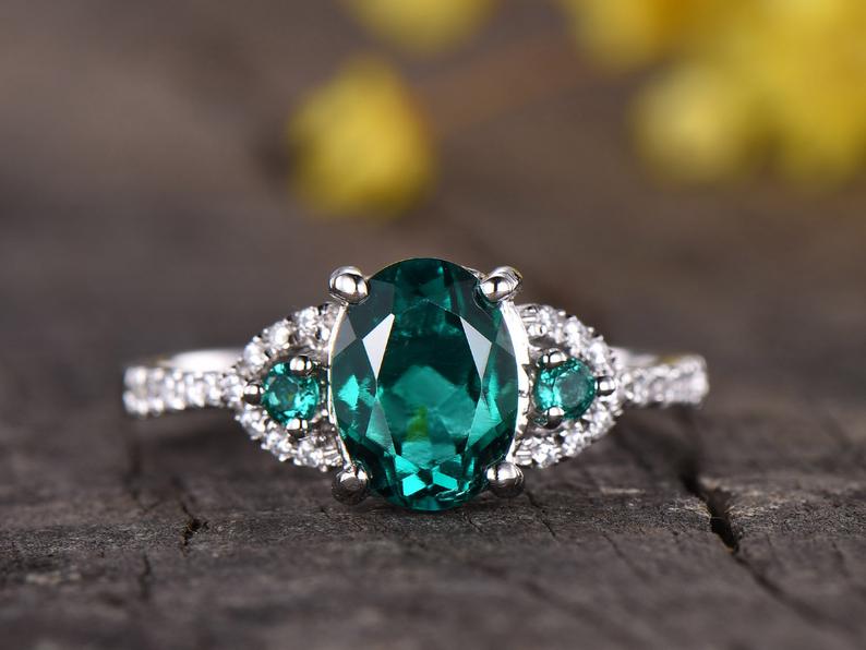 1.50 CT Oval & Round Cut Green Emerald 925 Sterling Silver Solitaire W/Accents Anniversary Gift Ring