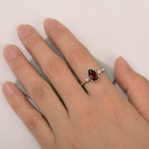 1.25 Ct Pear Cut Red Garnet 925 Sterling Silver Three-Stone Promise Ring For Her