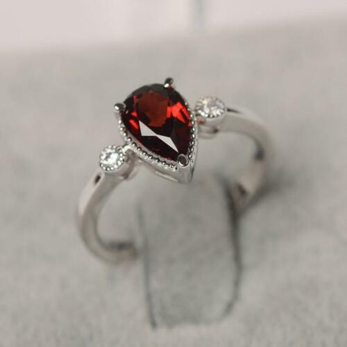 1.25 Ct Pear Cut Red Garnet 925 Sterling Silver Three-Stone Promise Ring For Her