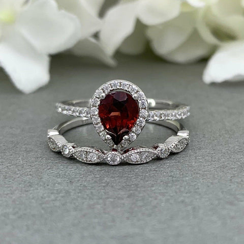 1.75 Ct Pear Cut Red Garnet Halo 925 Sterling Silver Engagement Wedding Bridal Ring Set