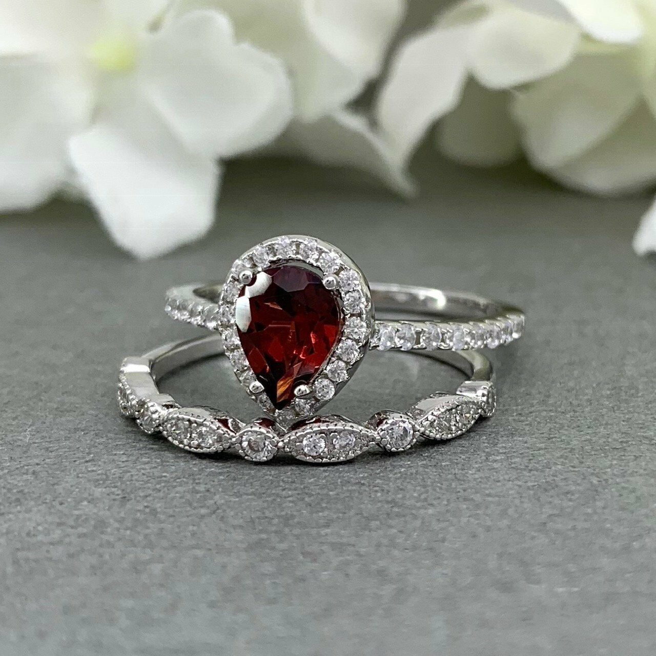 1.75 Ct Pear Cut Red Garnet Halo 925 Sterling Silver Engagement Wedding Bridal Ring Set