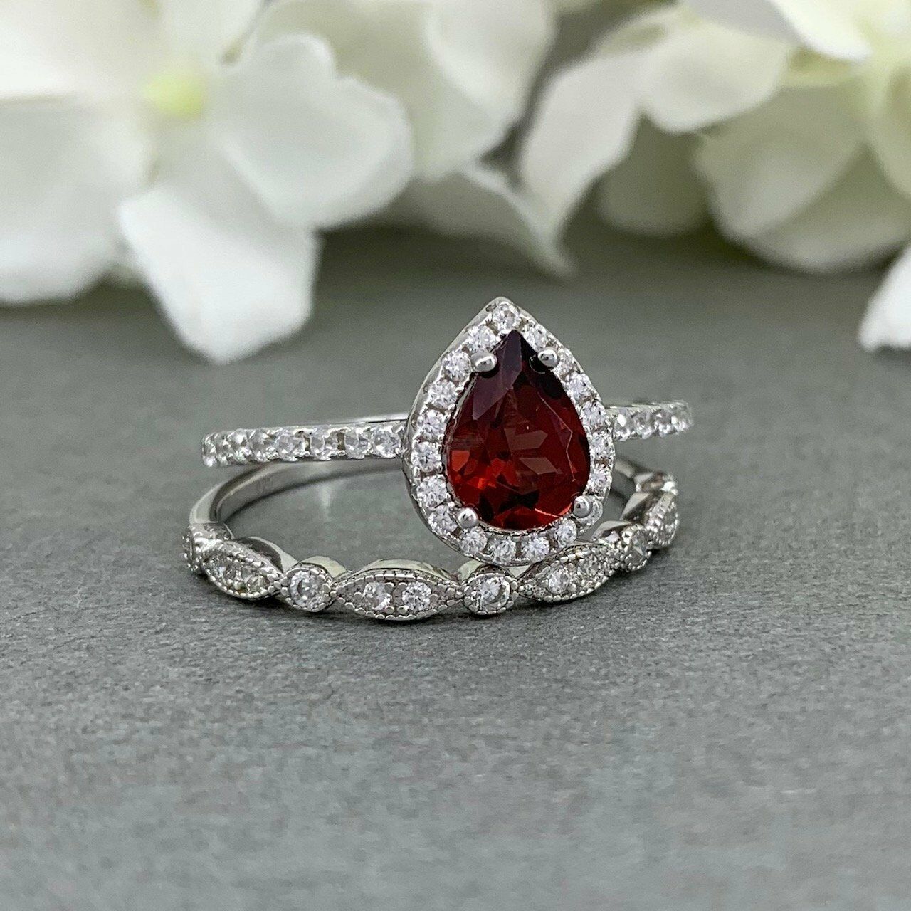 1.75 Ct Pear Cut Red Garnet Halo 925 Sterling Silver Engagement Wedding Bridal Ring Set