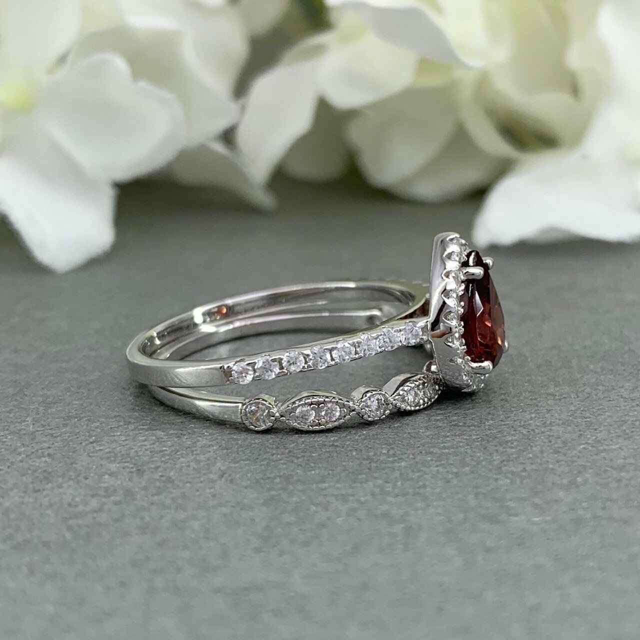 1.75 Ct Pear Cut Red Garnet Halo 925 Sterling Silver Engagement Wedding Bridal Ring Set
