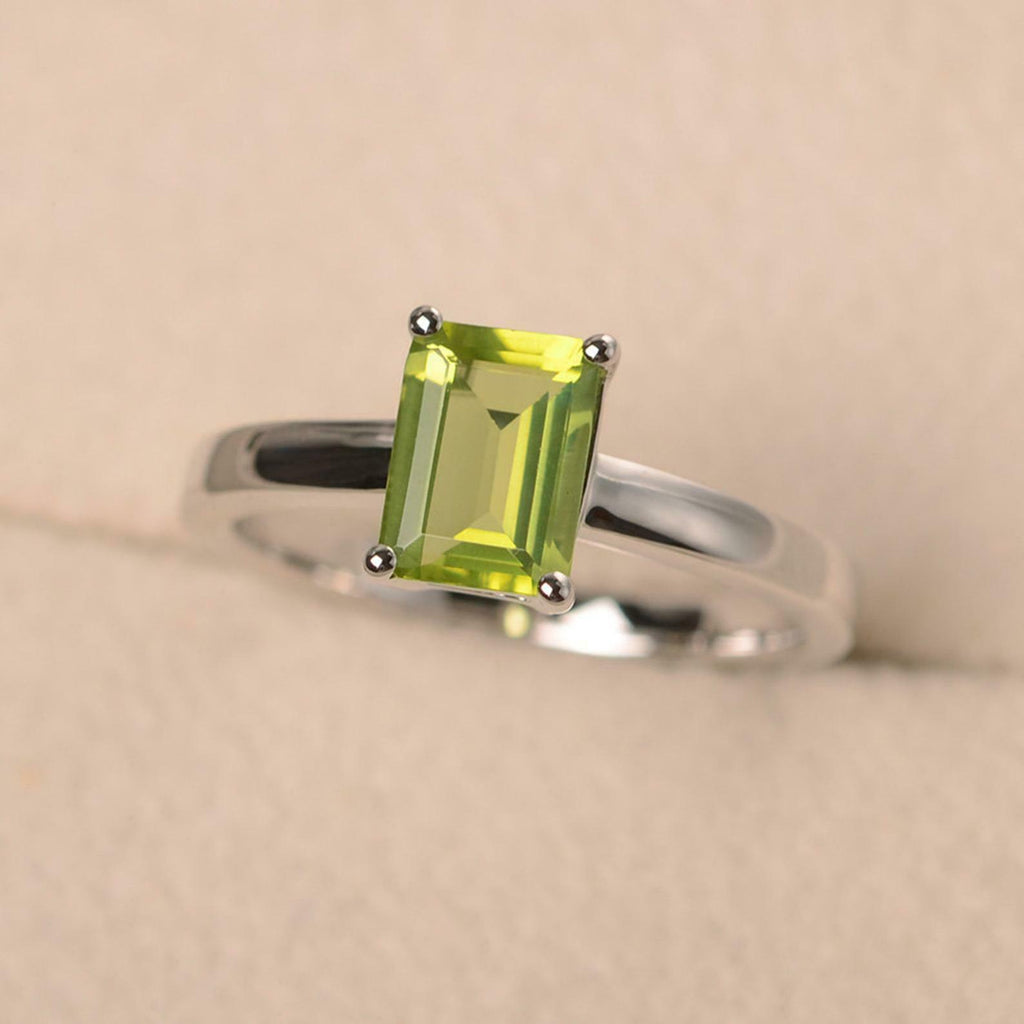 1.50 Ct Emerald Cut Green Peridot 925 Sterling Silver Solitaire August Birthstone Ring