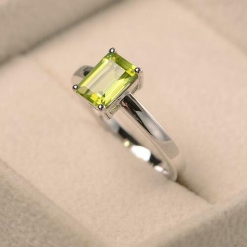 1.50 Ct Emerald Cut Green Peridot 925 Sterling Silver Solitaire August Birthstone Ring