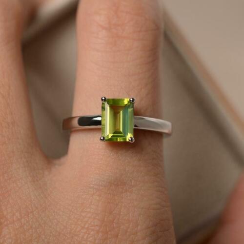 1.50 Ct Emerald Cut Green Peridot 925 Sterling Silver Solitaire August Birthstone Ring