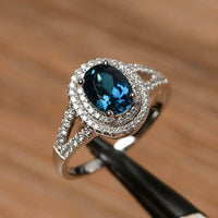 2.25 Ct Oval Cut London Blue Topaz Double Halo Engagement Ring 925 Sterling Silver