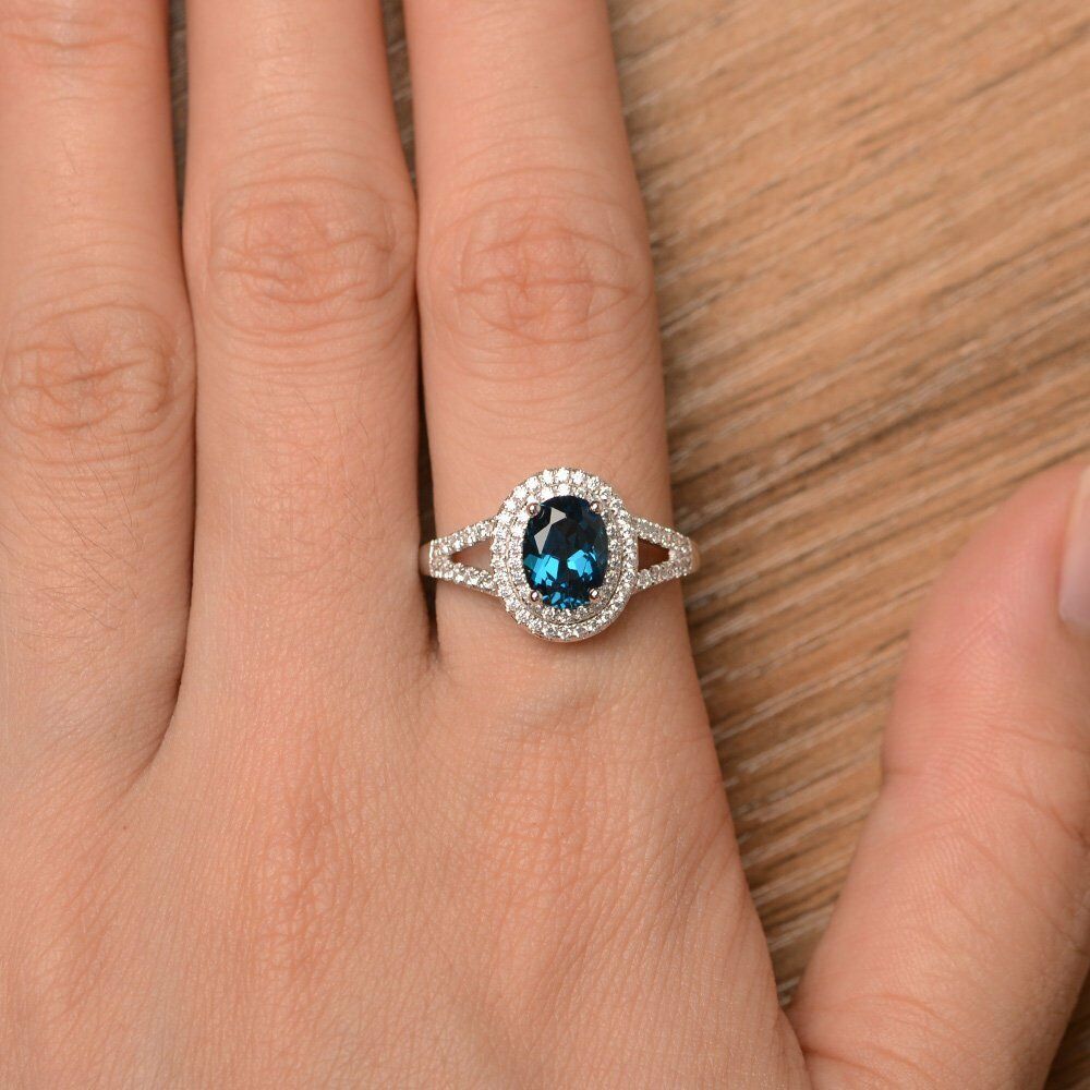 2.25 Ct Oval Cut London Blue Topaz Double Halo Engagement Ring 925 Sterling Silver