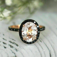 2Ct Oval Peach Morganite & Black Diamond 925 Sterling Silver Engagement Halo Ring For Her