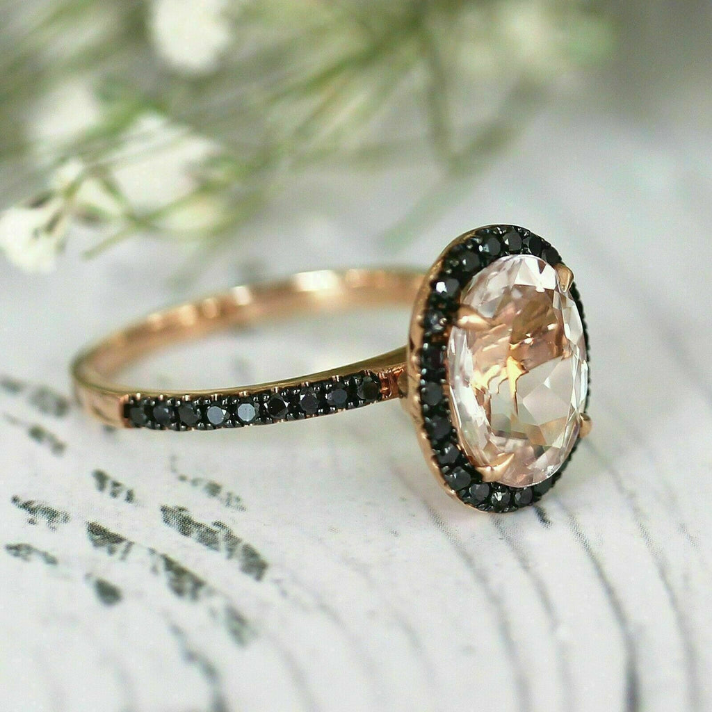 2Ct Oval Peach Morganite & Black Diamond 925 Sterling Silver Engagement Halo Ring For Her