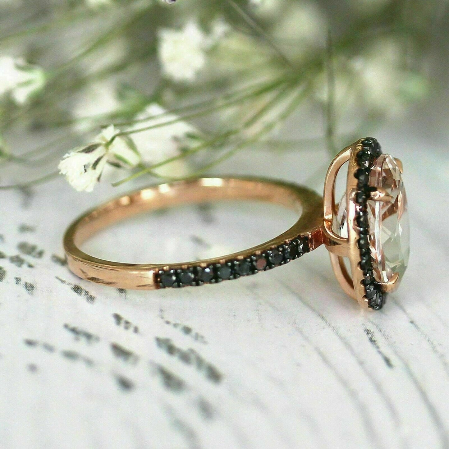 2Ct Oval Peach Morganite & Black Diamond 925 Sterling Silver Engagement Halo Ring For Her
