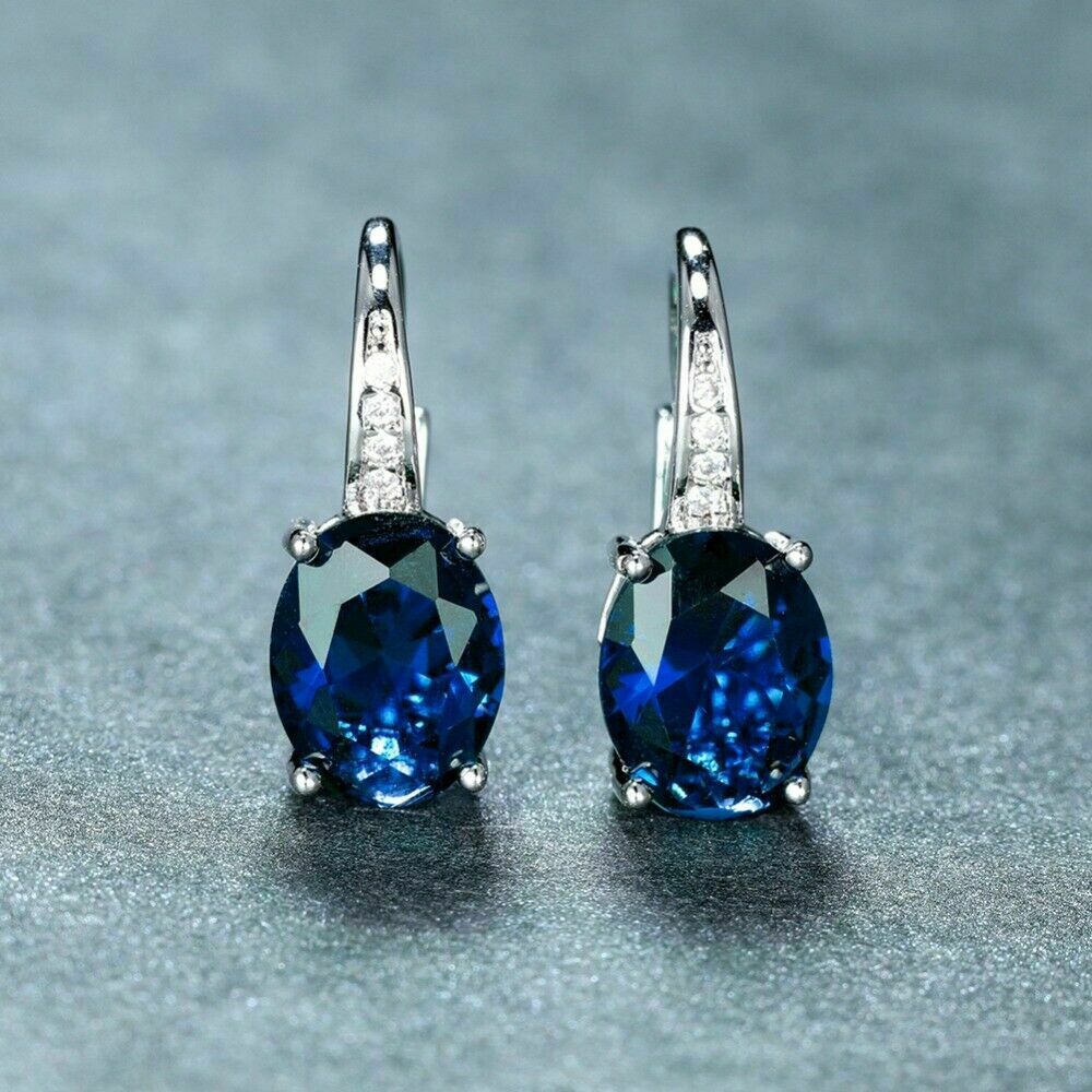 Ct Oval Cut Blue Sapphire Lever Back Hoop Earrings In 925 Sterling  Silver - Main Image