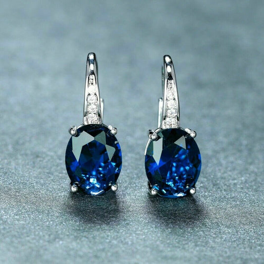 2.50 Ct Oval Cut Blue Sapphire Lever Back Hoop Earrings In 925 Sterling Silver