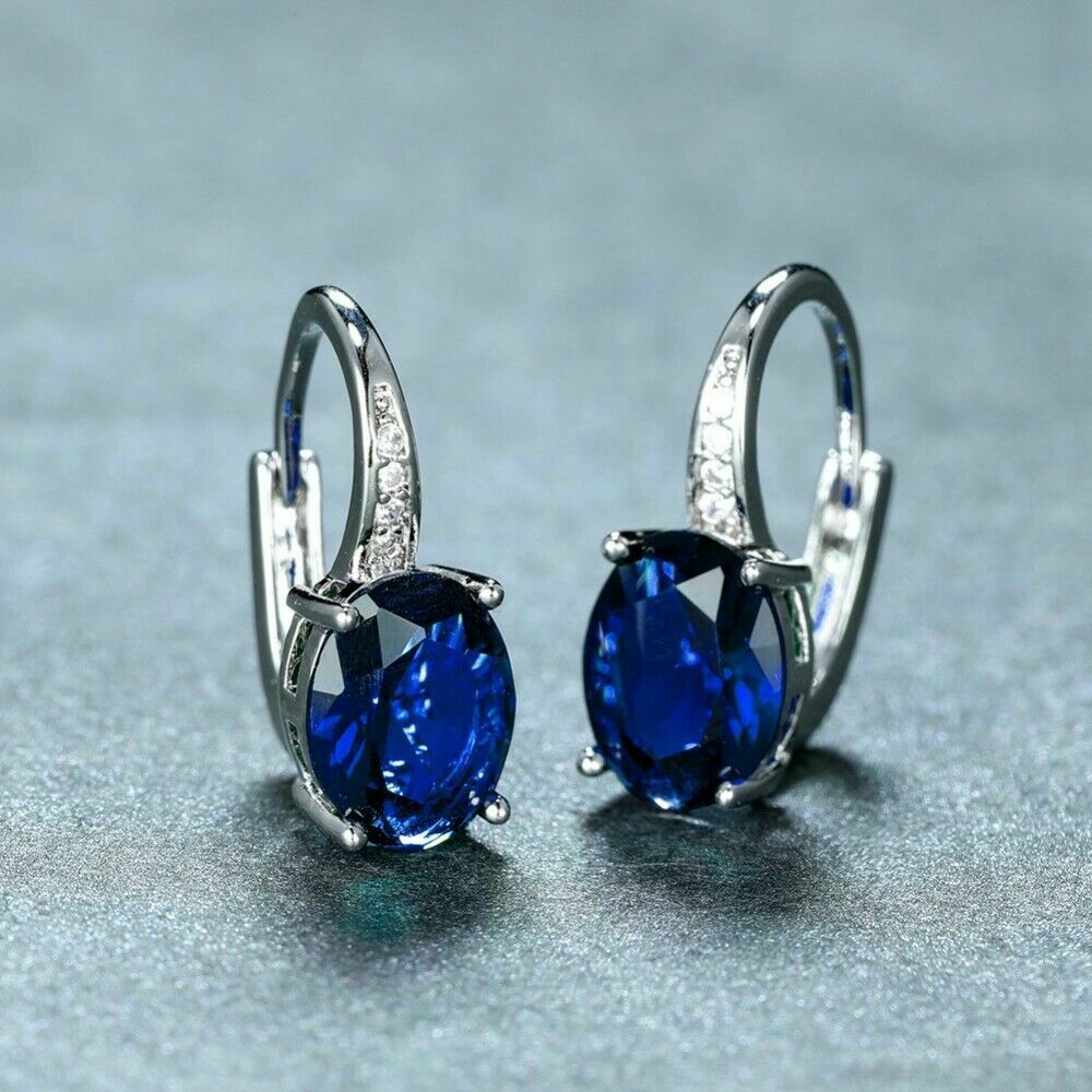 2.50 Ct Oval Cut Blue Sapphire Lever Back Hoop Earrings In 925 Sterling Silver