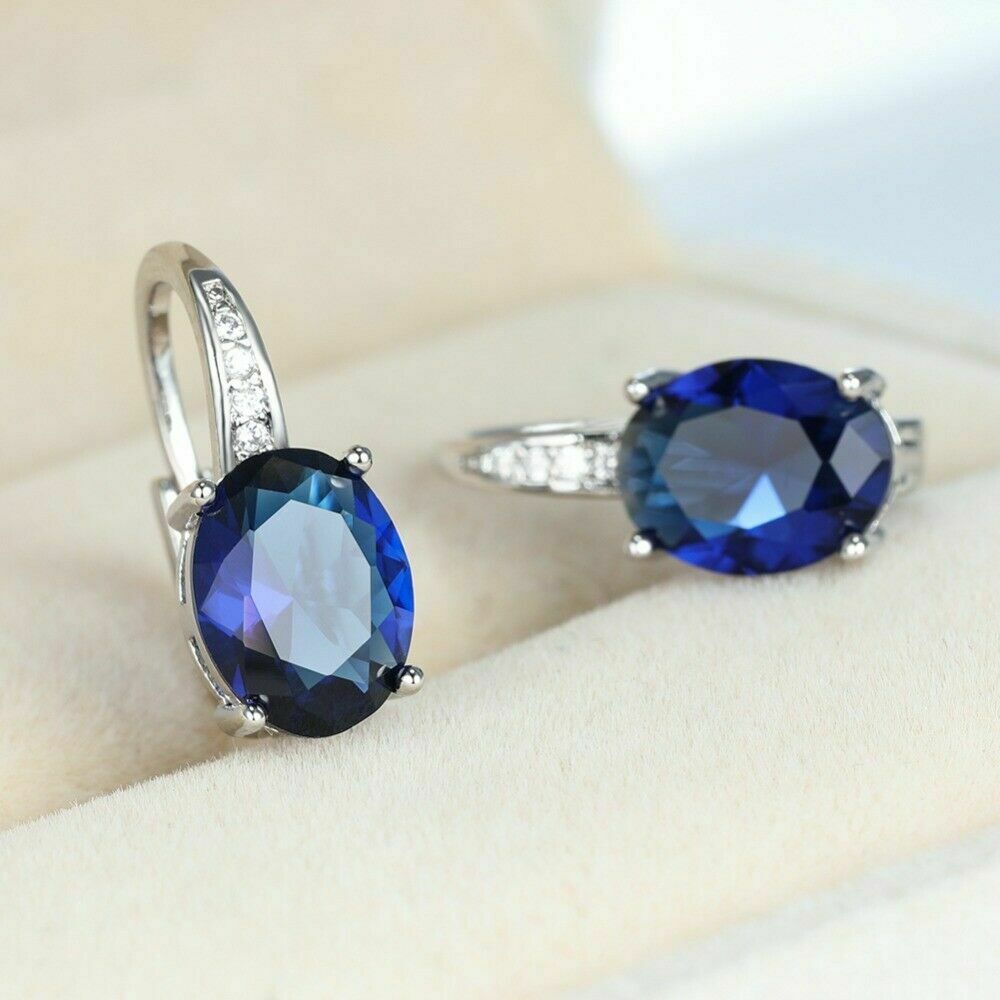 2.50 Ct Oval Cut Blue Sapphire Lever Back Hoop Earrings In 925 Sterling Silver