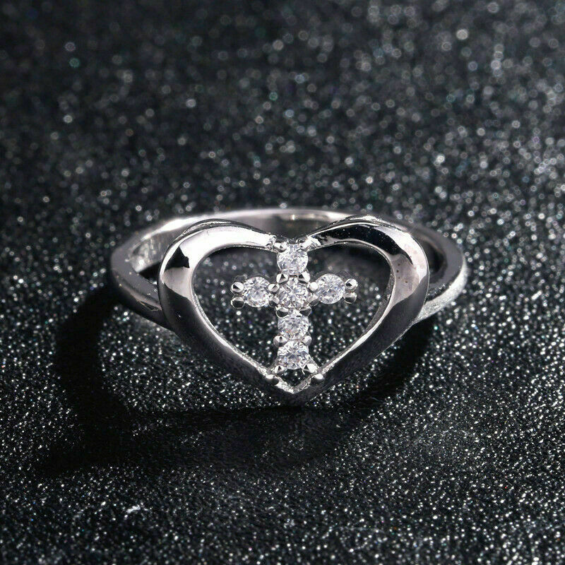 Size 5 silver outlets .925 heart/cross ring