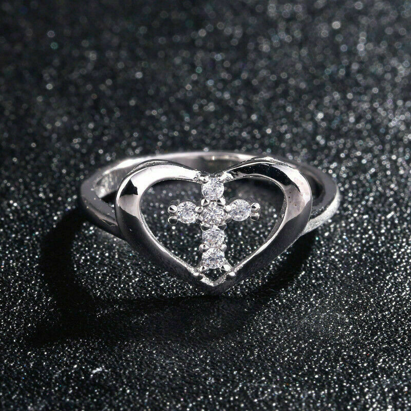 1.20 Ct Round Cut Diamond 925 Sterling Silver Engagement Wedding Heart Shape Jesus Cross Ring