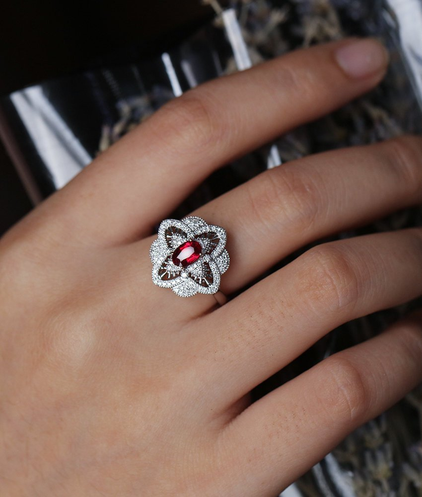 1 Ct Oval Cut Ruby 925 Sterling Silver Van Cleef Style Floral Engagement Wedding Ring