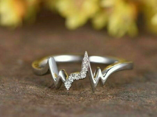 0.20 Ct Round Cut Diamond Love Heart Beat Promise Band Ring In 925 Sterling Silver