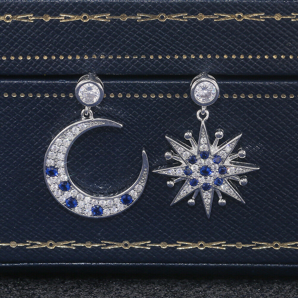 1Ct Round Cut Gorgeous Blue Sapphire Drop/Dangle Earrings 14K White Gold Over On 925 Silver