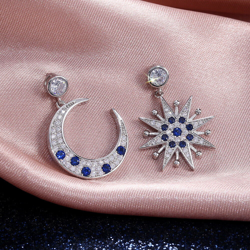 1Ct Round Cut Gorgeous Blue Sapphire Drop/Dangle Earrings 14K White Gold Over On 925 Silver