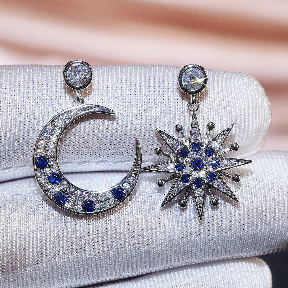 1Ct Round Cut Gorgeous Blue Sapphire Drop/Dangle Earrings 14K White Gold Over On 925 Silver