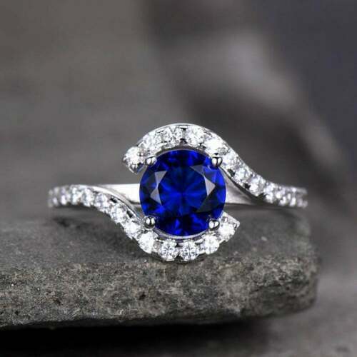 2.00 Ct Round Cut Blue Sapphire 14K White Gold Over On 925 Sterling Silver Bypass Promise Ring