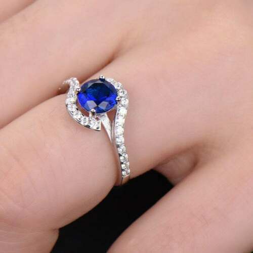 2.00 Ct Round Cut Blue Sapphire 14K White Gold Over On 925 Sterling Silver Bypass Promise Ring