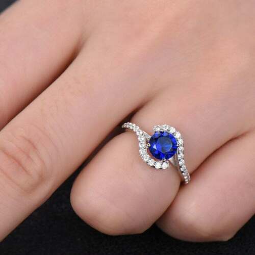2.00 Ct Round Cut Blue Sapphire 14K White Gold Over On 925 Sterling Silver Bypass Promise Ring