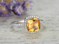 2.15 Ct Cushion Cut Citrine Halo Engagement Ring For Women's 14K White Gold Over On 925 Sterling Silver