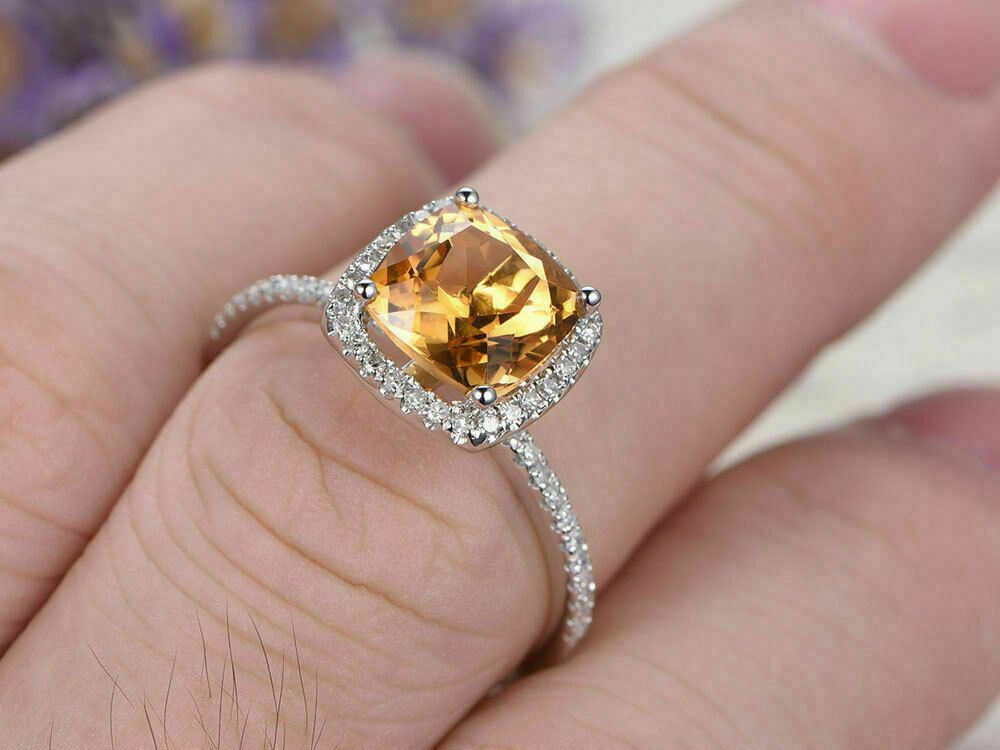 2.15 Ct Cushion Cut Citrine Halo Engagement Ring For Women's 14K White Gold Over On 925 Sterling Silver