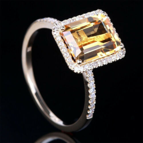 2Ct Emerald Cut Yellow Citrine & D/VVS1 14K White Gold Over On 925 Sterling Silver Women's Halo Ring