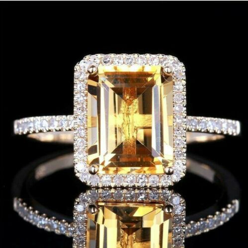2Ct Emerald Cut Yellow Citrine & D/VVS1 14K White Gold Over On 925 Sterling Silver Women's Halo Ring