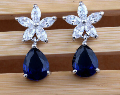 3 Ct Pear Cut Gorgeous Blue Sapphire & Marquise Diamond 925 Sterling Silver Drop & Dangle Earrings