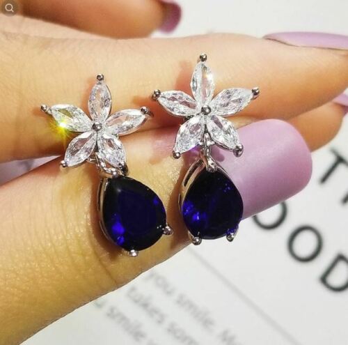 3 Ct Pear Cut Gorgeous Blue Sapphire & Marquise Diamond 925 Sterling Silver Drop & Dangle Earrings