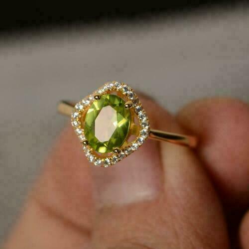 2.30 Ct Oval Cut Green Peridot Halo Women's Ring 14K Yellow Gold Over On 925 Silver