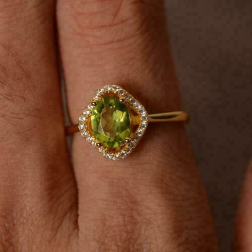 2.30 Ct Oval Cut Green Peridot Halo Women's Ring 14K Yellow Gold Over On 925 Silver