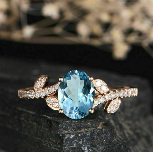 1.50 Ct Oval Cut Aquamarine & Diamond Engagement Wedding Ring 14k Rose Gold Over On 925 Sterling Silver