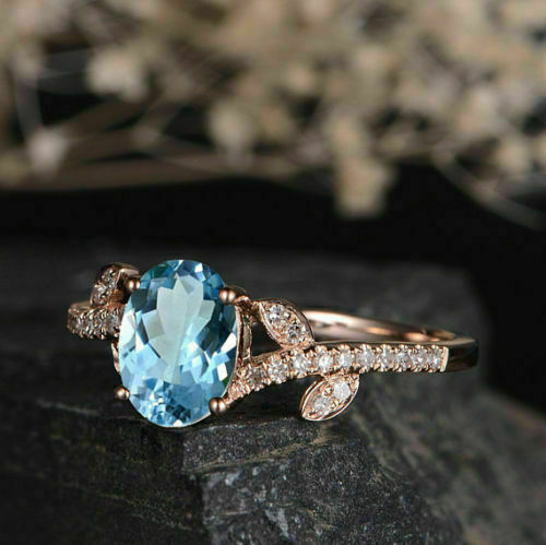 1.50 Ct Oval Cut Aquamarine & Diamond Engagement Wedding Ring 14k Rose Gold Over On 925 Sterling Silver