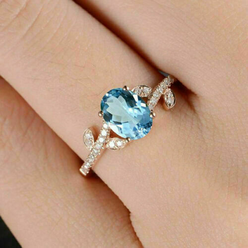 1.50 Ct Oval Cut Aquamarine & Diamond Engagement Wedding Ring 14k Rose Gold Over On 925 Sterling Silver