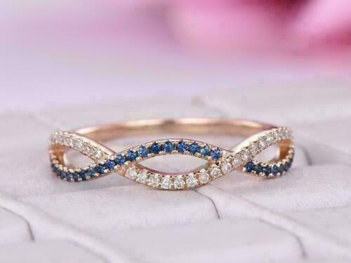 Round Cut 1.00 CT Blue Sapphire & CZ Half Eternity Wedding Band Ring 14k Rose Gold Finish On 925 Silver