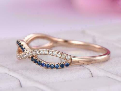 Round Cut 1.00 CT Blue Sapphire & CZ Half Eternity Wedding Band Ring 14k Rose Gold Finish On 925 Silver