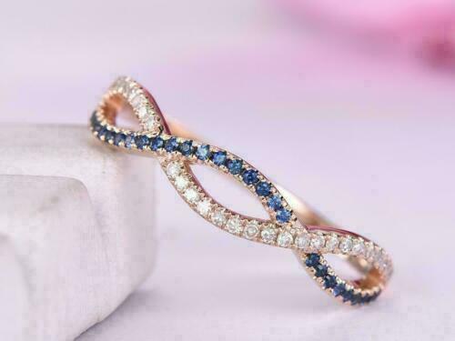 Round Cut 1.00 CT Blue Sapphire & CZ Half Eternity Wedding Band Ring 14k Rose Gold Finish On 925 Silver