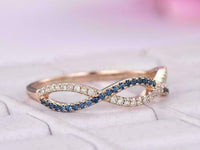 Round Cut 1.00 CT Blue Sapphire & CZ Half Eternity Wedding Band Ring 14k Rose Gold Finish On 925 Silver