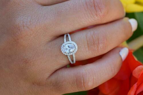 1.50 Ct Oval Cut Diamond 14K White Gold Over On 925 Sterling Silver Halo Engagement Wedding Ring
