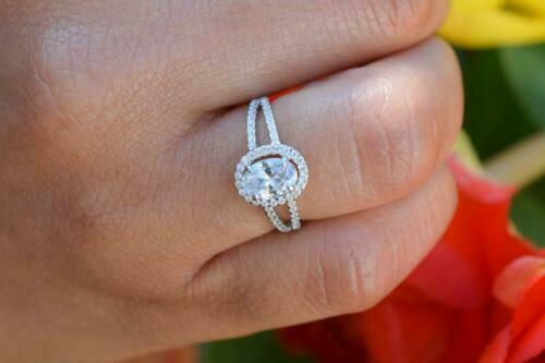 1.50 Ct Oval Cut Diamond 14K White Gold Over On 925 Sterling Silver Halo Engagement Wedding Ring