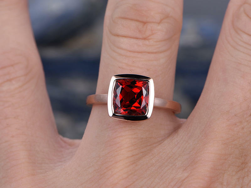 1.20 Ct Cushion Cut Red Garnet Bezel Set Solitaire January Birthstone Ring In 925 Sterling Silver
